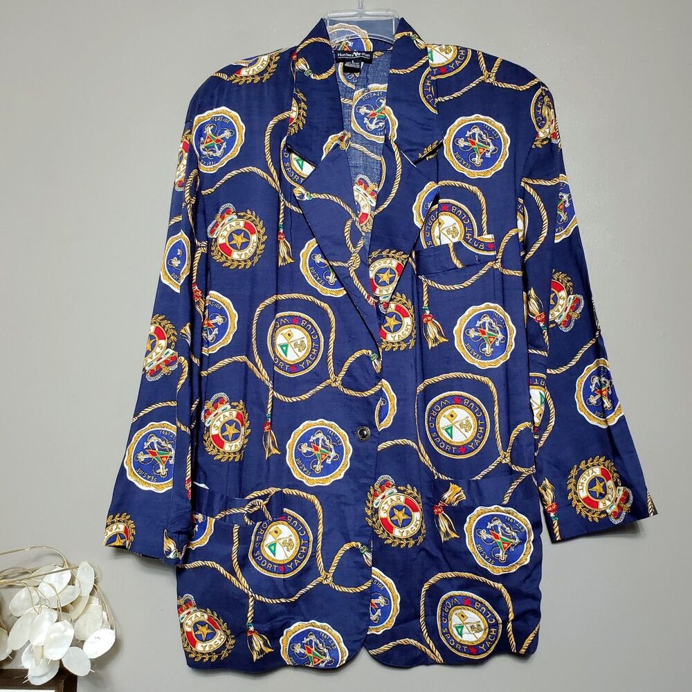 Vintage Hunters Run Jacket Size Small Blue Nautical All Over Print Blazer